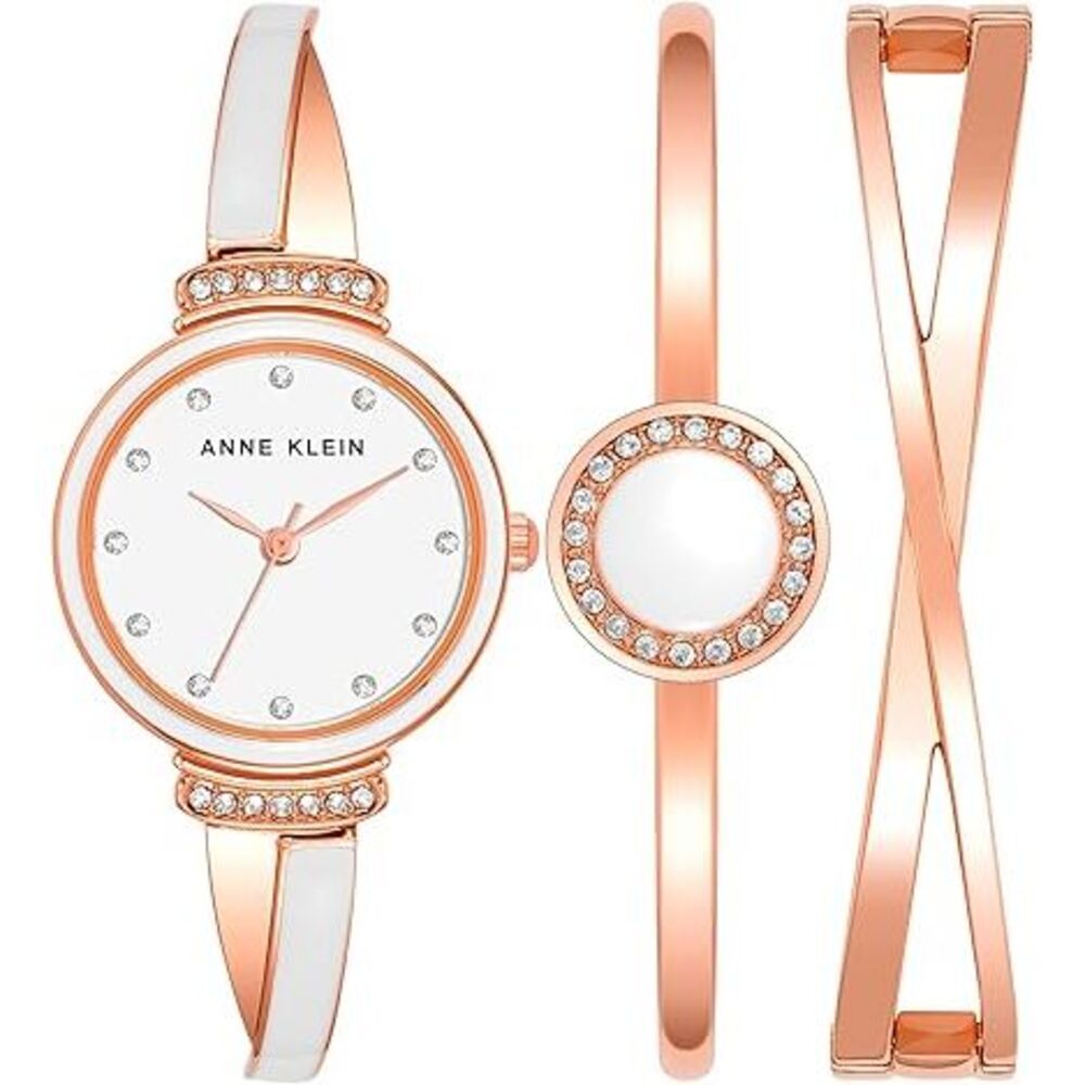 Anne Klein Rose Gold-Tone White X-Shaped Bangle Crystal Accent Set Ladies Watch